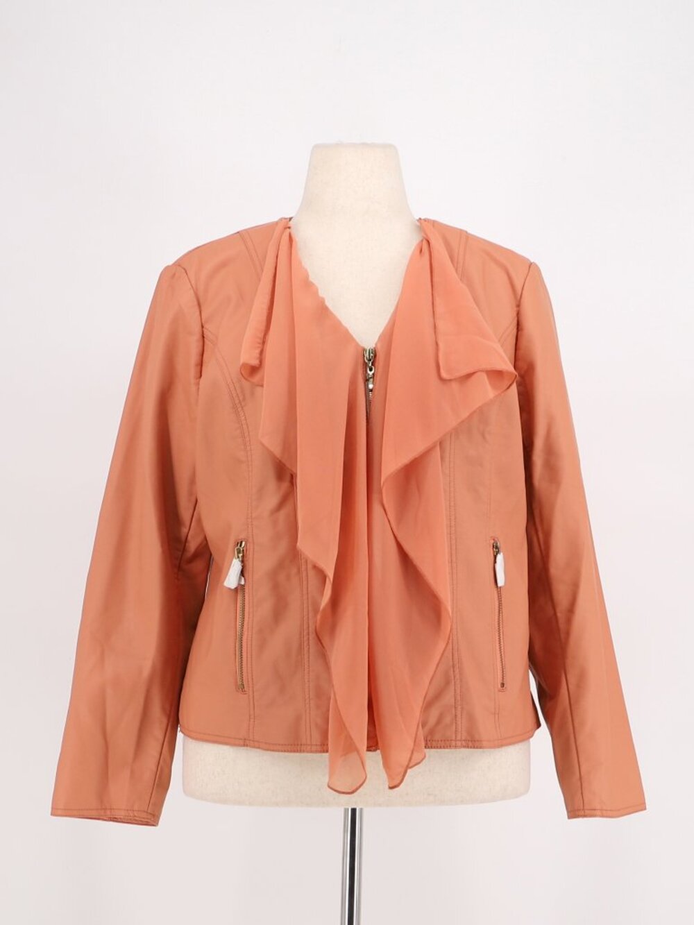 NWT CHICO'S Faux Leather Chiffon Shawl Collar Jacket in Apricot Glow Size 2/L